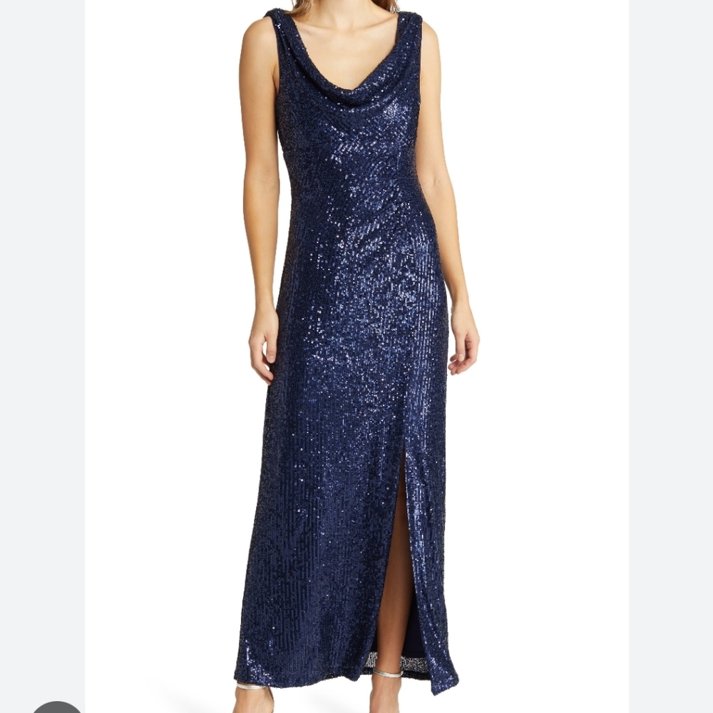 Pisarro Nights Sleeveless Cowl Neck Sequin Gown